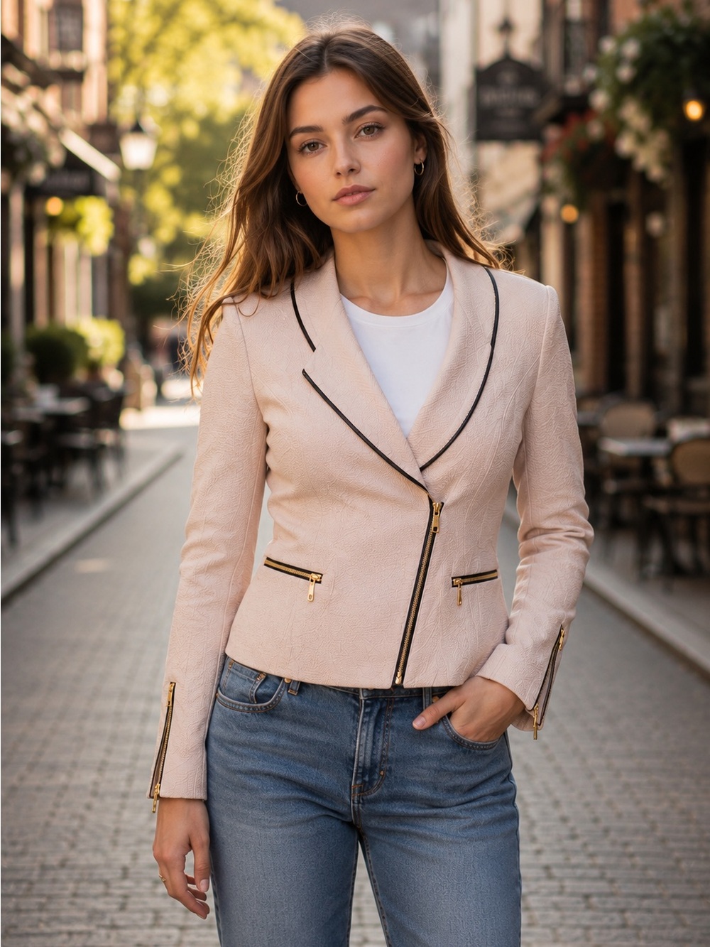 Pale Pink Asymmetric Moto Blazer Jacket Sz 2 Gold Zip Y2K Bebe Rare EUC